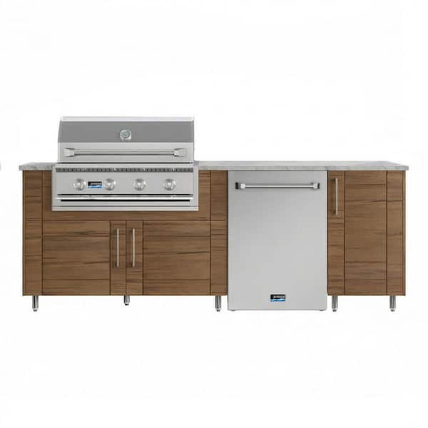 Sundown 90.5 in. W 4-Burner Propane Grill Island in Stainless Steel Sanibel Teak with Refrigerator and Propane Cabinet