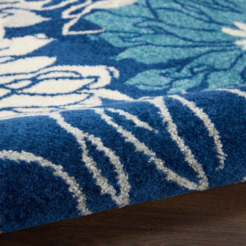 Navy and Ivory Round Floral Synthetic Area Rug, 8 ft