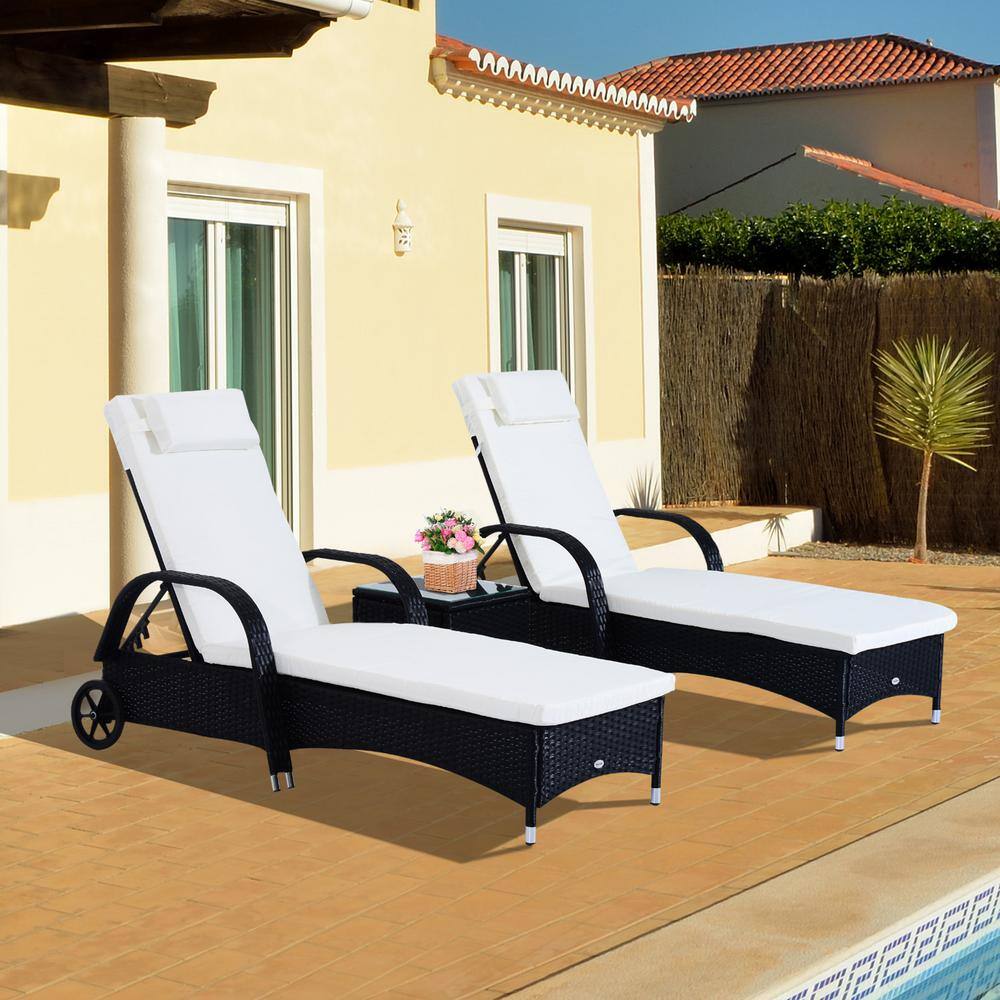 Black and White Adjustable Rattan Chaise Lounge Set with Cushions