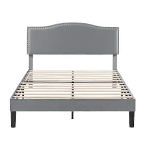 Upholstered Bed Gray Metal Frame Full Platform Bed with Upholstered Headboard, Strong Bed Frame and Wooden Slats Support