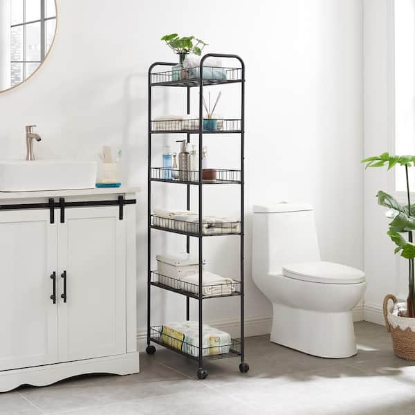 Tileon 6-Shelf Black Metal Slim Storage Cart, Mobile Wire Rack Shelving Unit with Baskets (23 in. W x 6 in. D x 61 in. H)
