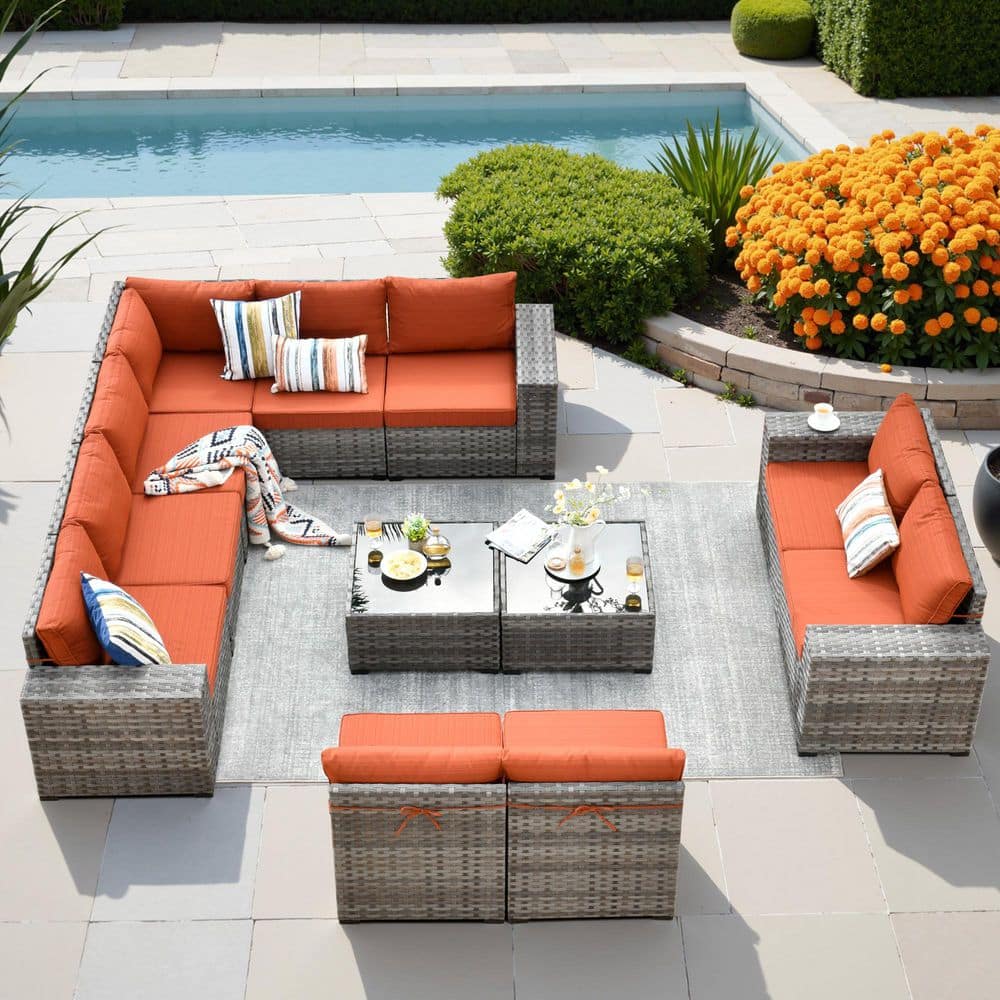 Tahoe Grey 12-Piece Wicker Wide Arm Outdoor Patio Conversation Sofa Seating Set with Orange Red Cushions price history on PriceWatchPro