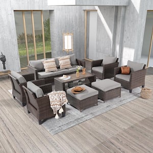 8-Piece Brown Wicker Outdoor Seating Sofa Set with Thickening Linen Grey Cushions