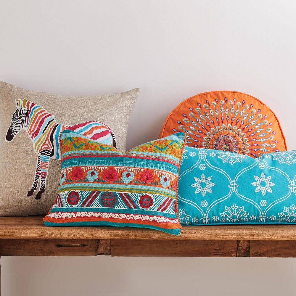 Teal and Red Embroidered Rectangular Decorative Pillow 14x18