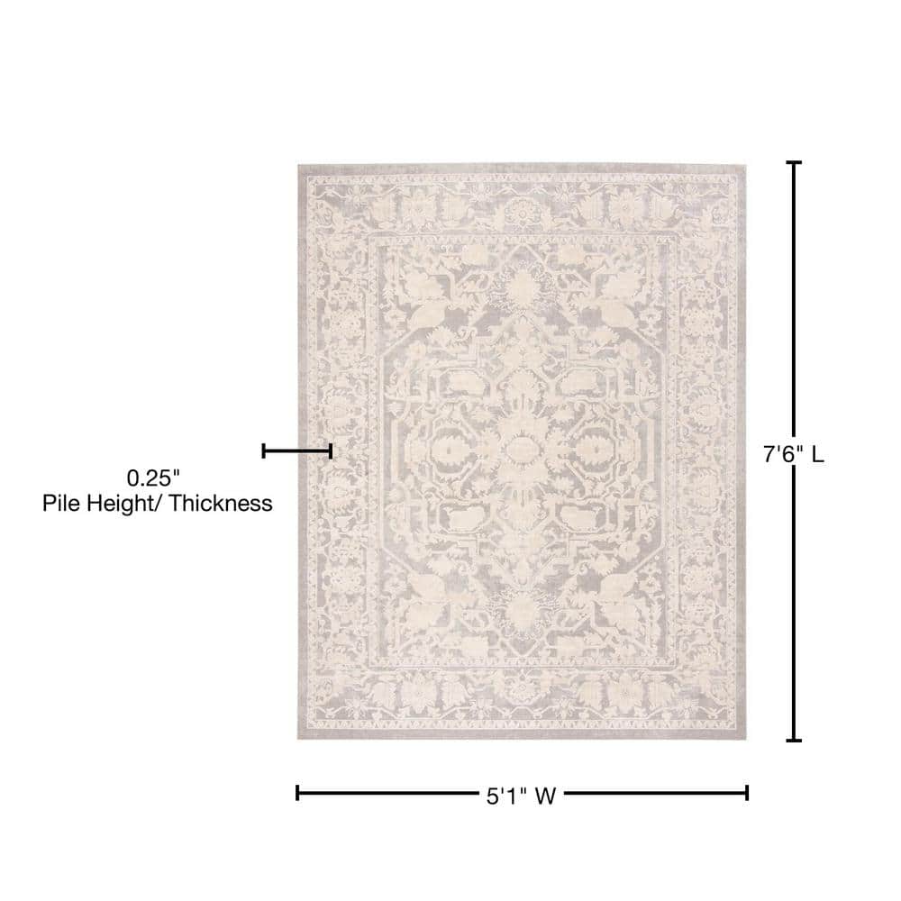 Light Grey and Cream Floral Synthetic Area Rug, 5' x 7'