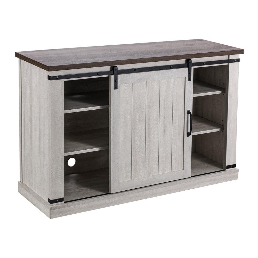 Saw Cut Off White Rustic Sliding Barn-Door TV Stand
