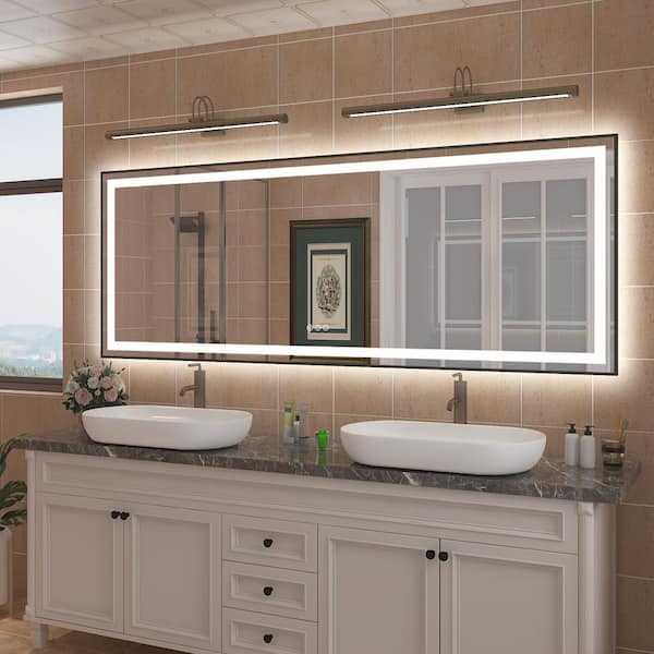 Apmir 84 in. W x 32 in. H Rectangular Framed Front and Back LED Lighted Anti-Fog Wall Bathroom Vanity Mirror in Tempered Glass