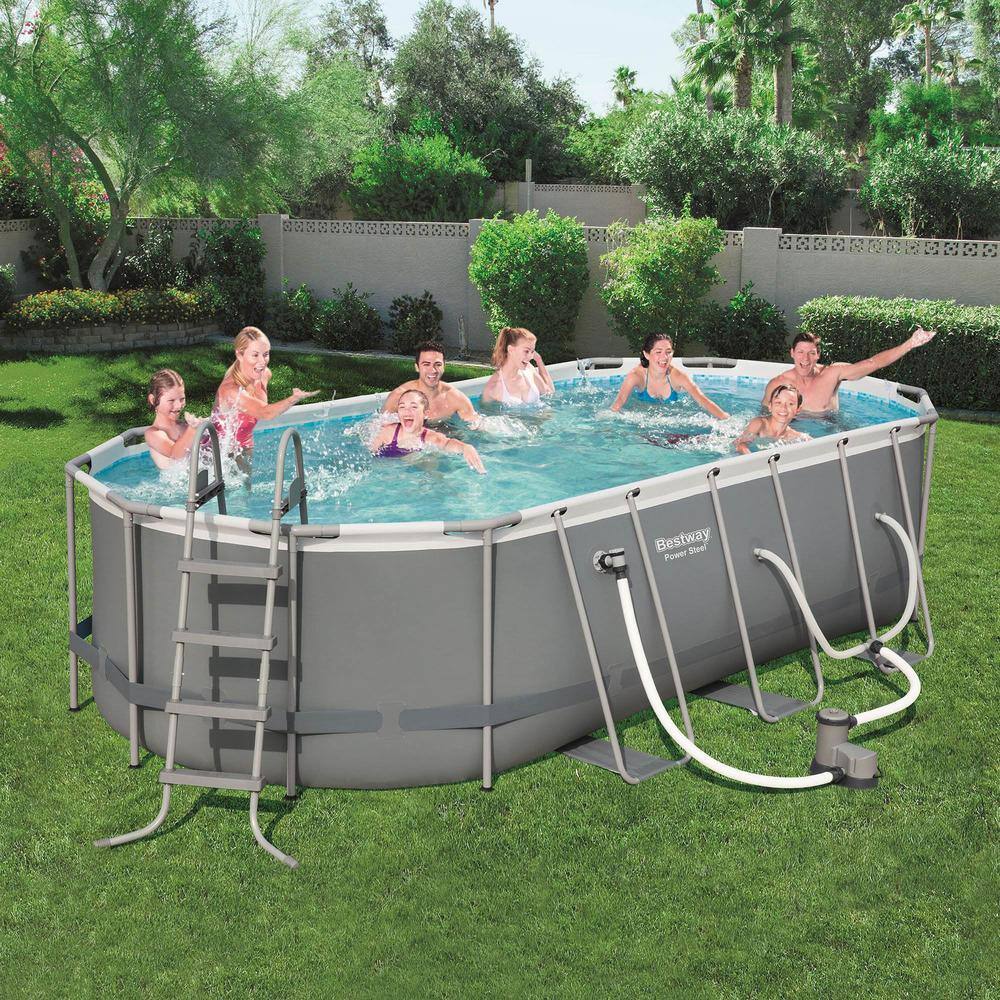 Gray 18' x 9' Oval Steel Frame Above Ground Pool Set