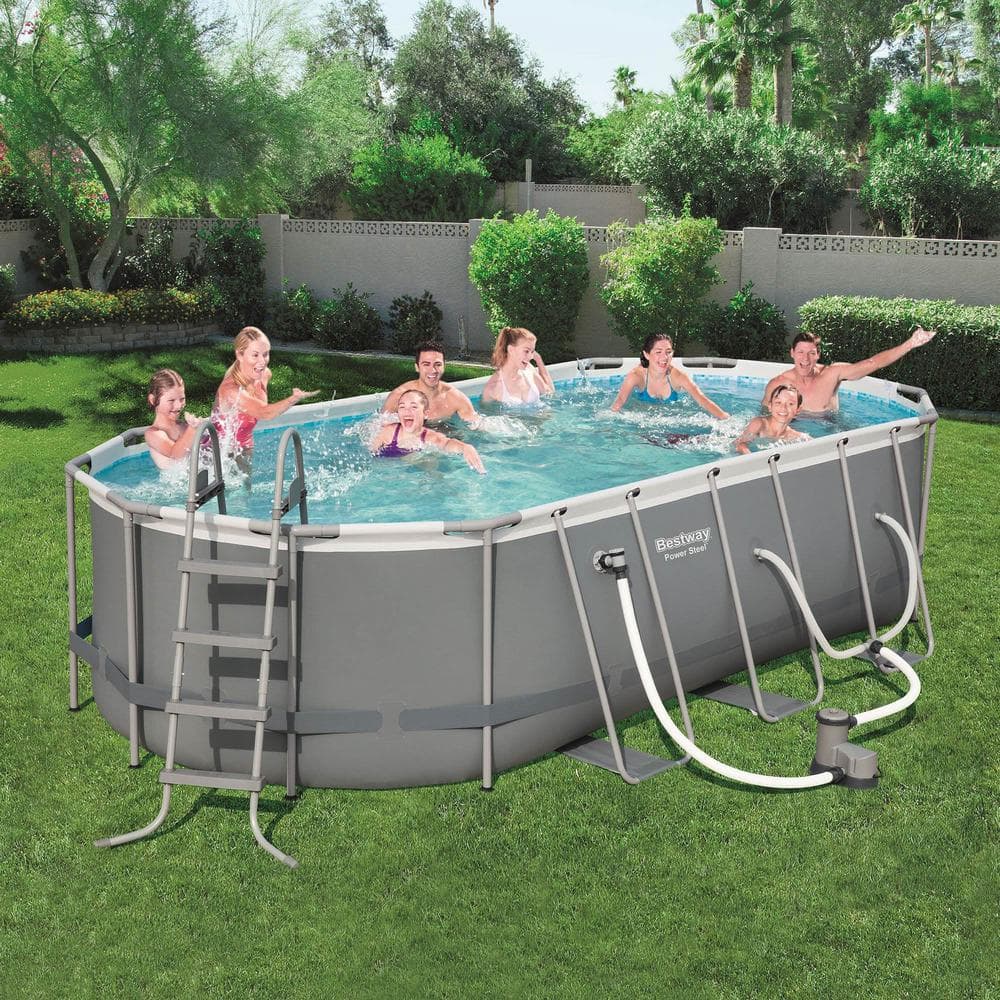 Gray 18' x 9' Oval Steel Frame Above Ground Pool Set