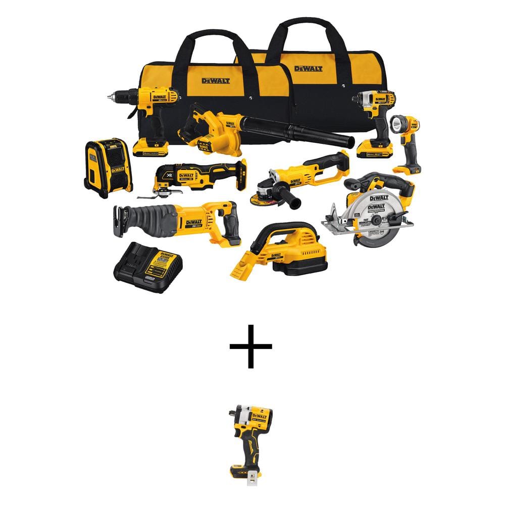 DEWALT 20V MAX Lithium-Ion Cordless 10 Tool Combo Kit, ATOMIC 20V MAX  Brushless 1/2 in. Impact Wrench, and (2) 2Ah Batteries DCK1020D2WF921B  The Home Depot