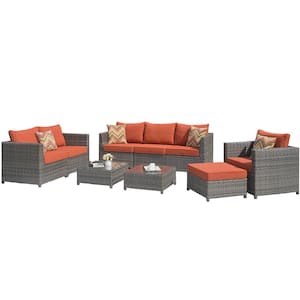 Victorie Gray 9-Piece Big Size Wicker Outdoor Patio Conversation Seating Set with Orange Red Cushions