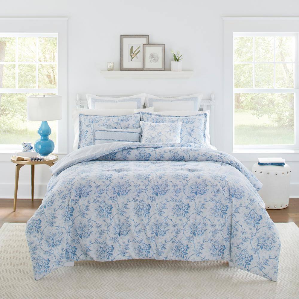 Laura Ashley Nina 7-Piece Blue Botanical Cotton King Comforter Bonus Set - 1