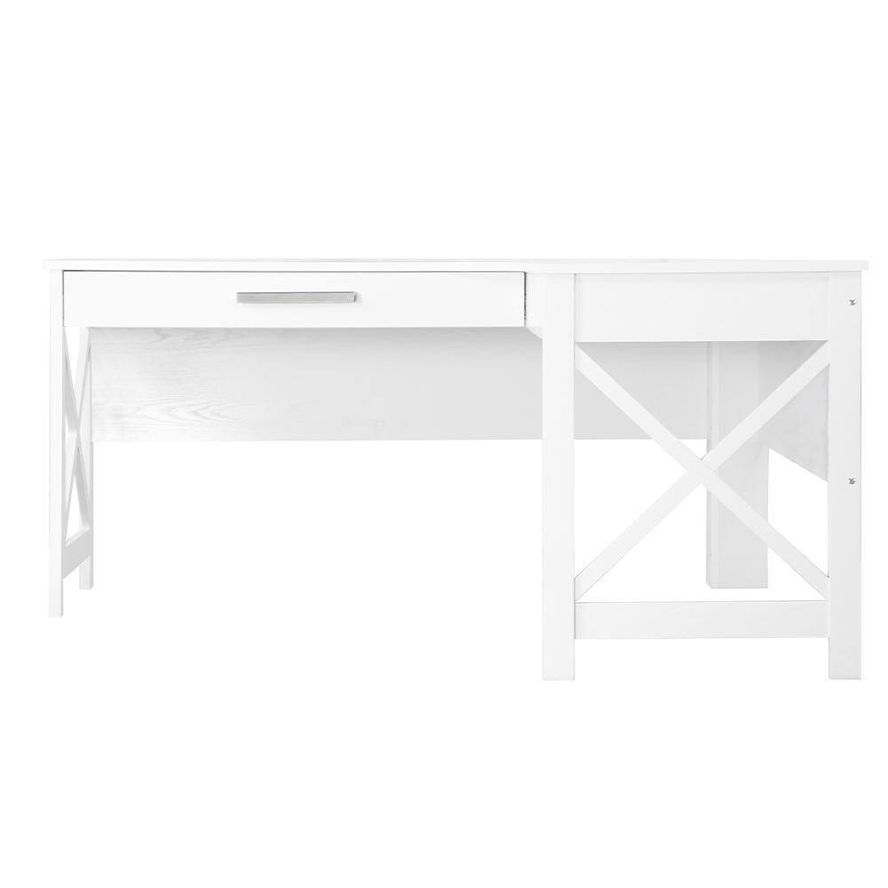 White Wood L-Shaped Corner Desk with Drawer