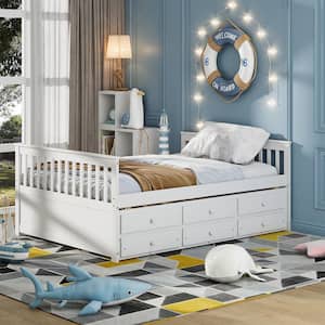 White Full Daybed Frame with Twin Trundle Bed and 3 Storage Drawers Wood Sofa Bed