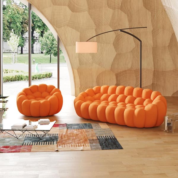 J&E Home 78.74 in. W Flared Arm 3D Knitted Polyester 2-piece Curved Modular Sectional Sofa in. Orange with Ottoman