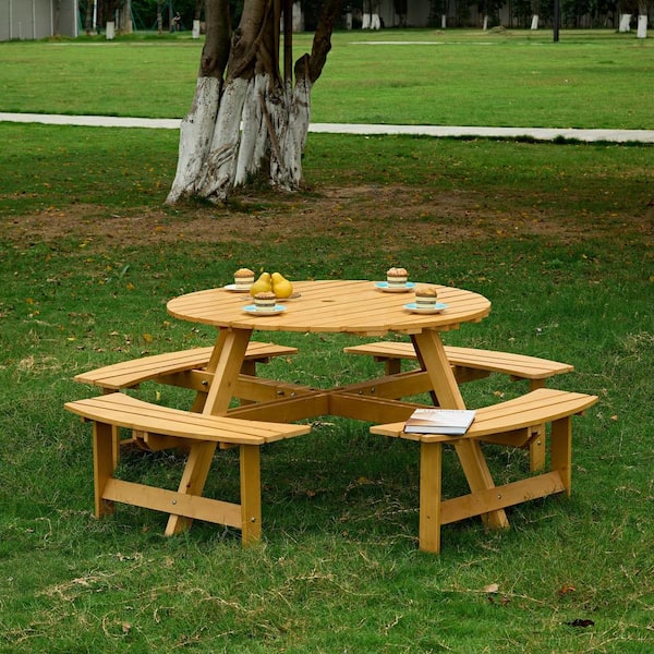 Unbranded Outdoor Circular 8-Person Picnic Table Patio Dining Table with 4 Built-in Benches and Umbrella Hole, Natural
