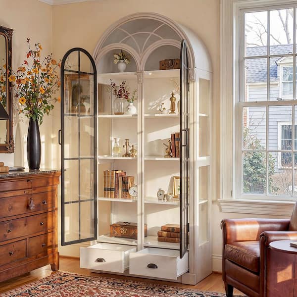 80.7 in. Tall White Wood 4-Shelf Arched Door Bookcase with Glass Doors, 2 Drawers for Living RooM Display and Storage