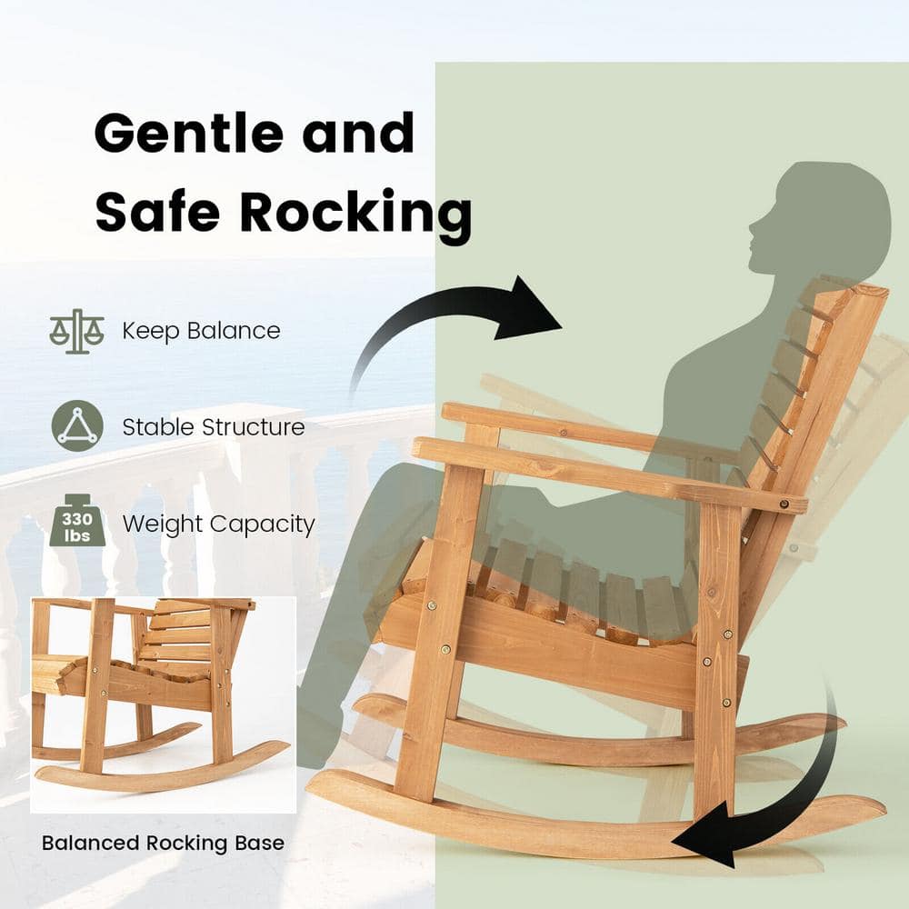 Natural Fir Wood High Back Outdoor Rocking Chair with Armrests