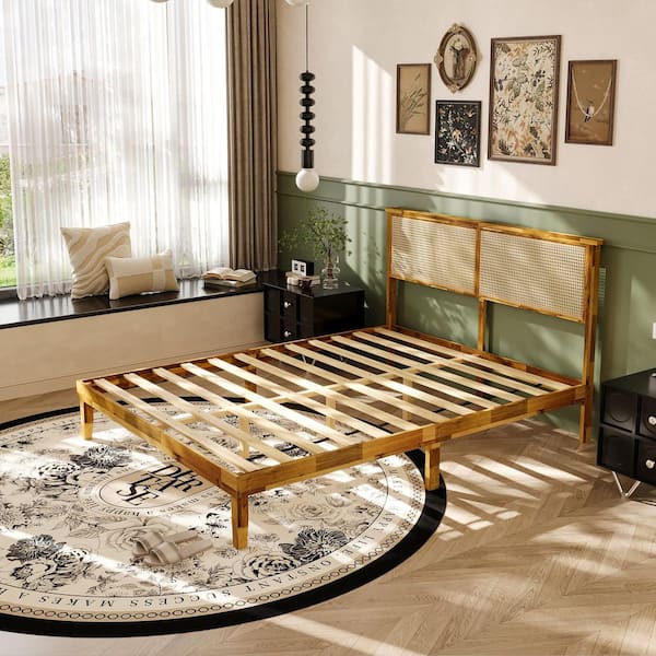 Burly Retro Yellow Wood Grain Color Solid Wood Oak Flatbed Frame Queen Size Panel Bed with Rattan Hollow Headboard