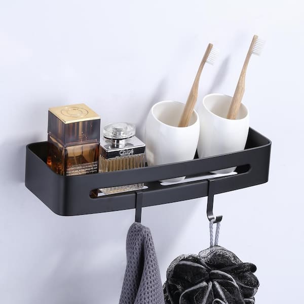 2-Pack Square Wall Mounted Aluminum Alloy Shower Caddy Shelf Basket Rack with 2 Shower Hooks in Matte Black