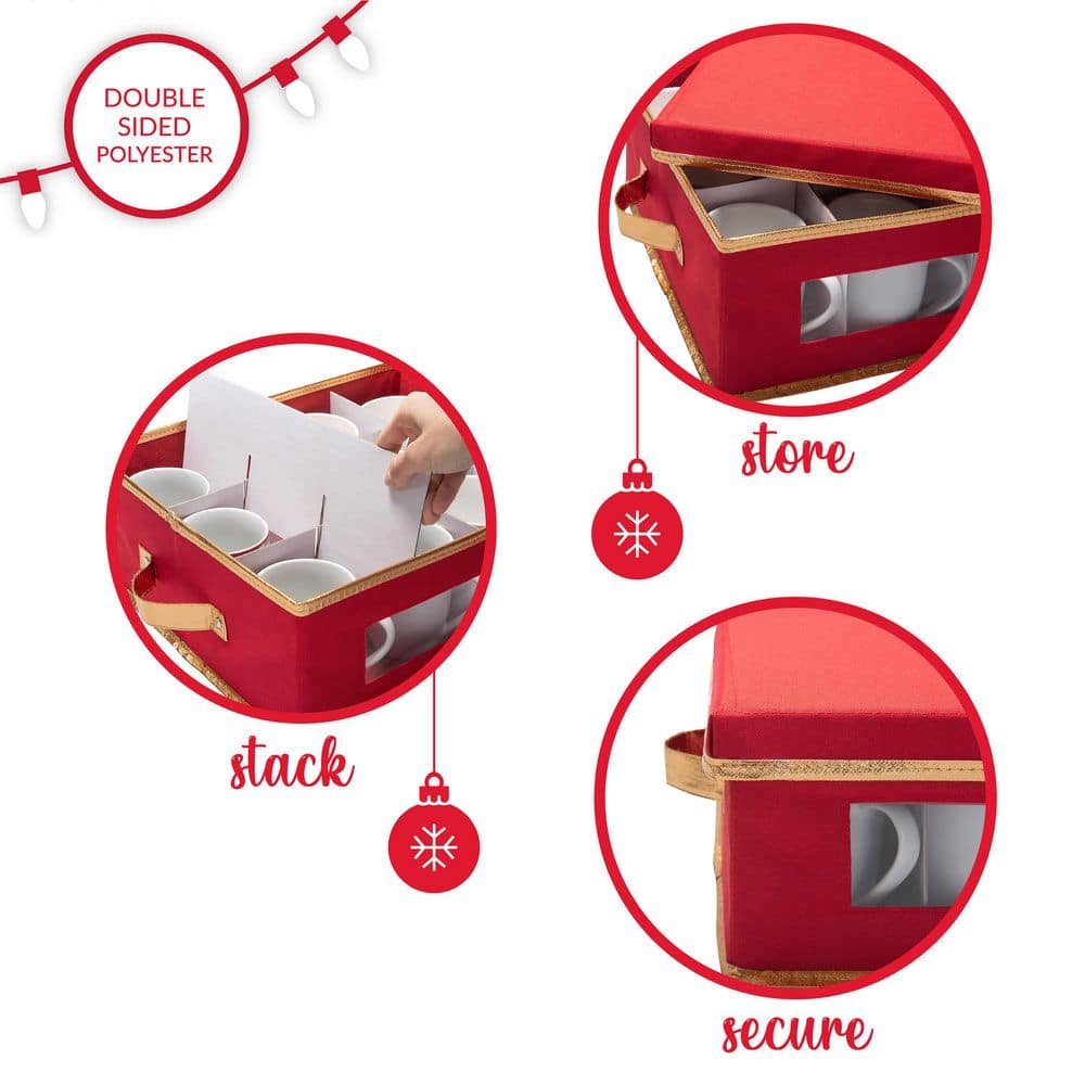 Red Fabric Collapsible Christmas Mug Storage Box with Lid