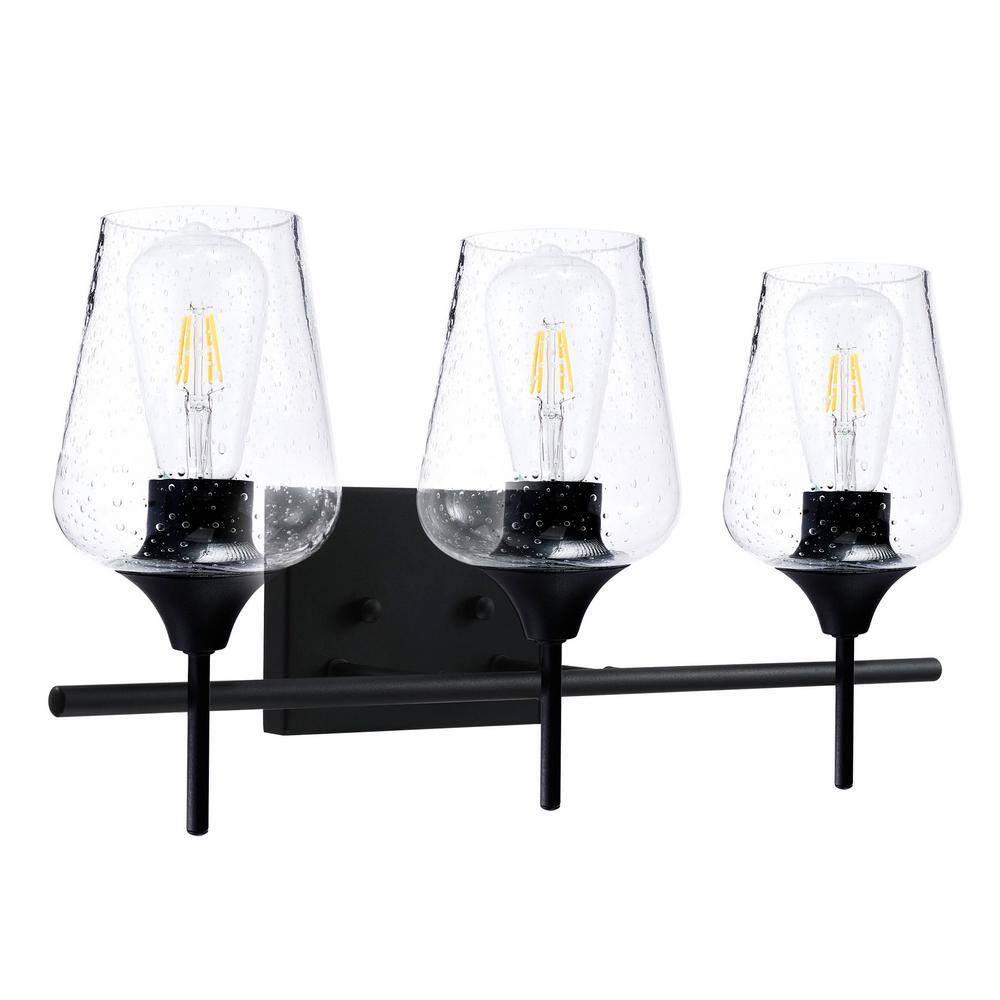 Matte Black 3-Light Vanity with Clear Seeded Glass Shades