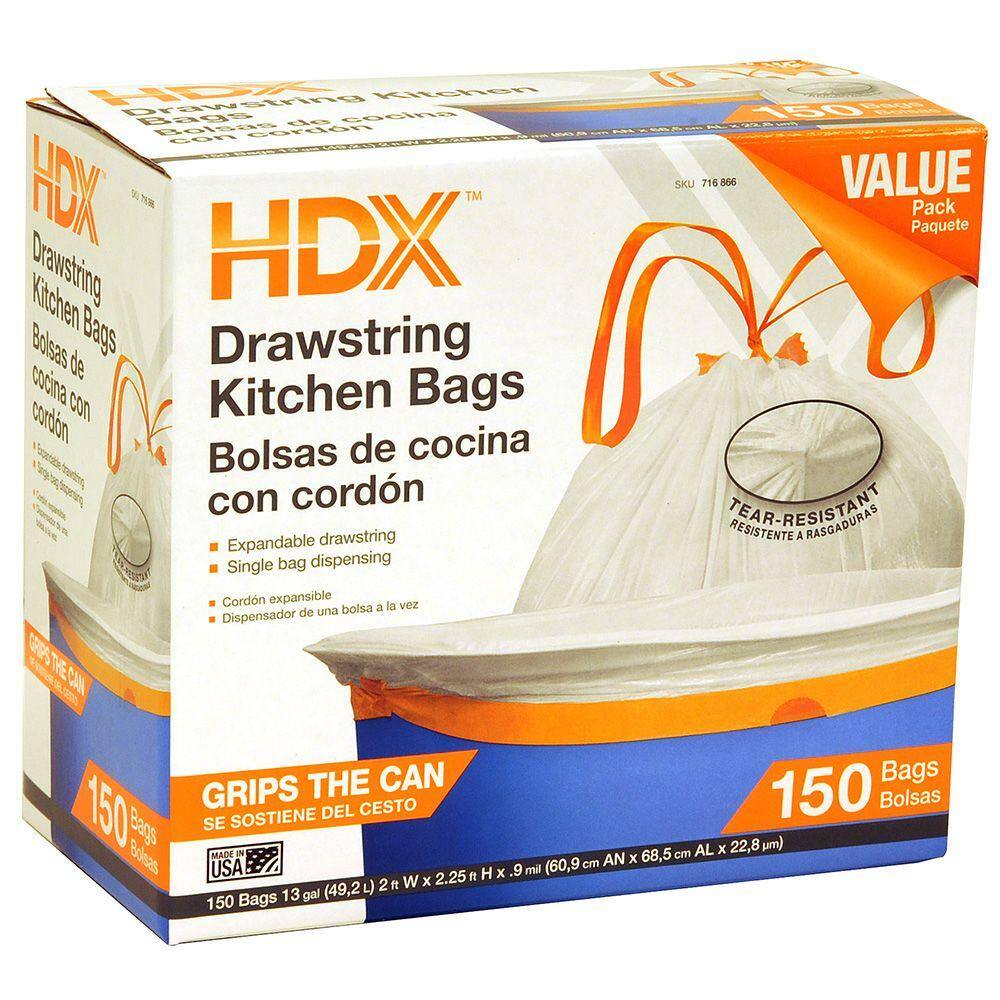 Hdx 13 Gal Expandable Drawstring Embossed White Kitchen Trash Bags 150 Count Hd13xdse150w 