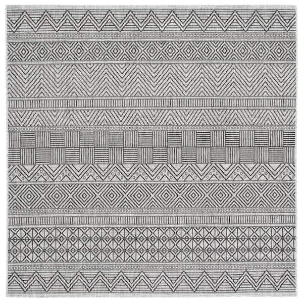 SAFAVIEH Courtyard Black/Gray 4 ft. x 4 ft. Striped Tribal Chevron Indoor/Outdoor Patio  Square Area Rug