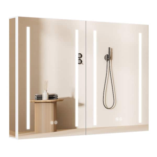 Zeafive Reco 40 in. W x 30 in. H Recessed /Surface Mount Rectangular White LED Medicine Cabinet w/ Mirror and LED Lights 2-Doors