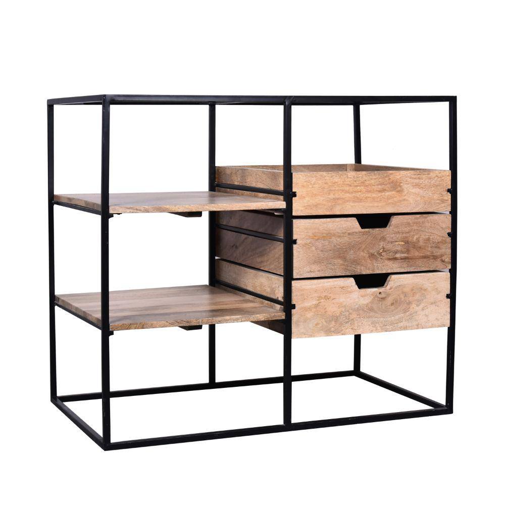 35 in. Natural Brown and Black Glass Top Wooden 3-Drawers Rectangular Writing Desk