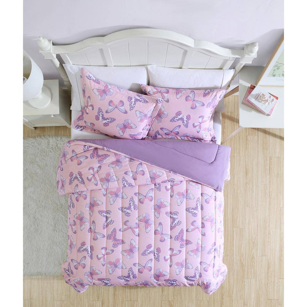 Pink and Purple Butterfly Twin Microfiber Comforter Set