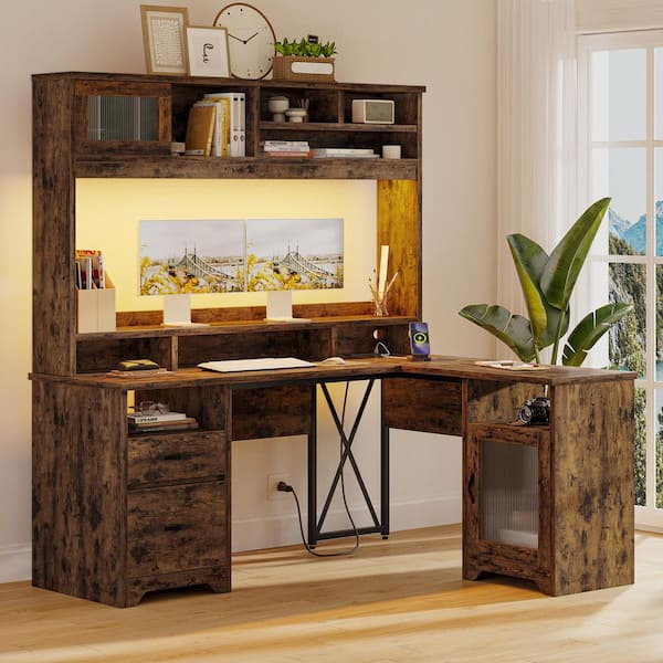 63 in. L Shaped Rustic Brown Hutch Ergonomic Computer Desk Power Hub, Office Desk with Sunlight Door and LED Light.