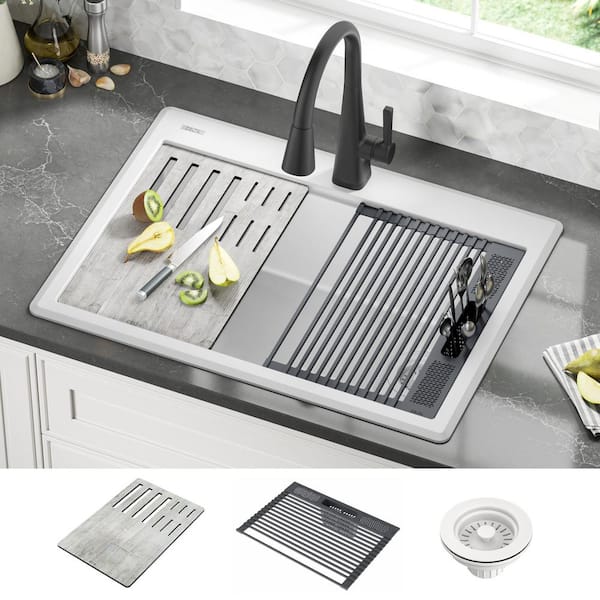Everest White Granite Composite 30 in. Single Bowl Drop-In Workstation Kitchen Sink with Accessories