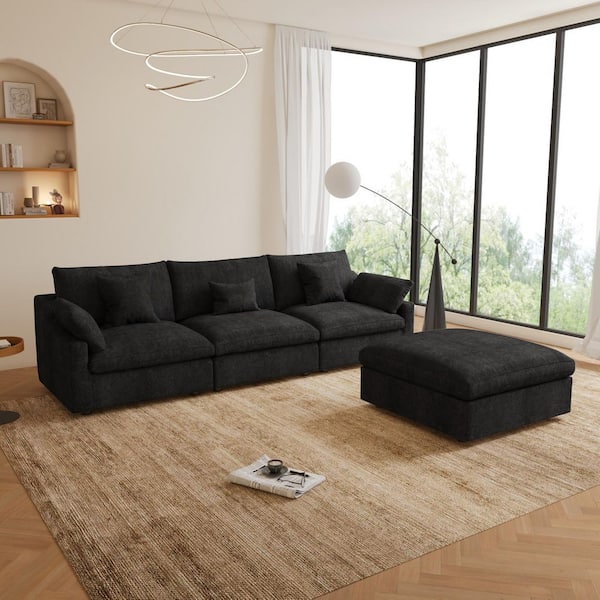 Modular 119 in. Flared Arm 4-Piece L-shaped Linen Cloud Couch Convertible Sectional Sofa in Black with Ottoman