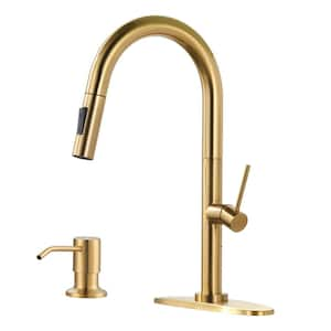 Gooseneck High Arc Single Handle Pull Down Kitchen Faucet with 2 Modes Sprayer and Soap Dispenser in Brushed Gold