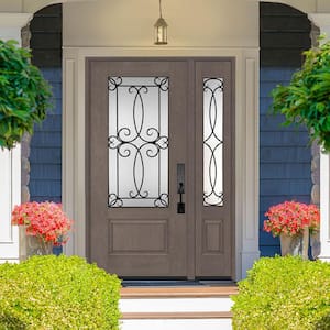 Regency 51 in. x 80 in. 3/4-Lite Georgian Decorative Glass LHIS Ashwood Mahogany Fiberglass Prehung Front Door 12 in. SL