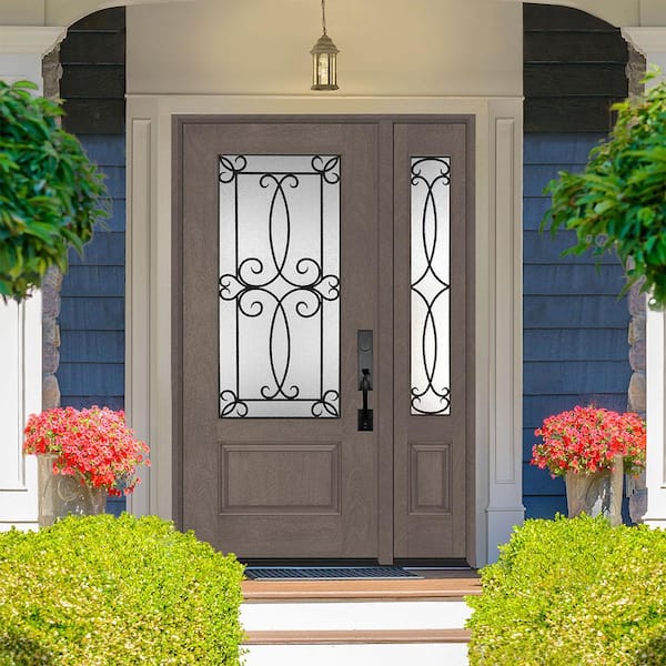 Regency 51 in. x 80 in. 3/4-Lite Georgian Decorative Glass LHIS Ashwood Mahogany Fiberglass Prehung Front Door 12 in. SL