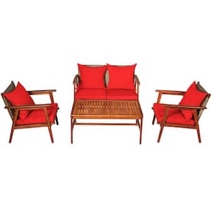 Brown 4-Pieces Wicker Outdoor Patio Sectional Set with Red Cushions