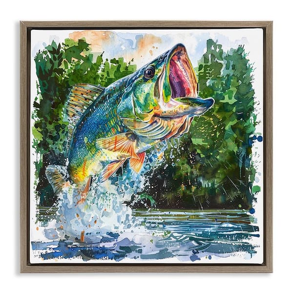 Stupell Industries Splashing Bass Fish by LSR Design Studio Brown Floater Frame Animal Graphic Art Print 25 in. x 25 in.
