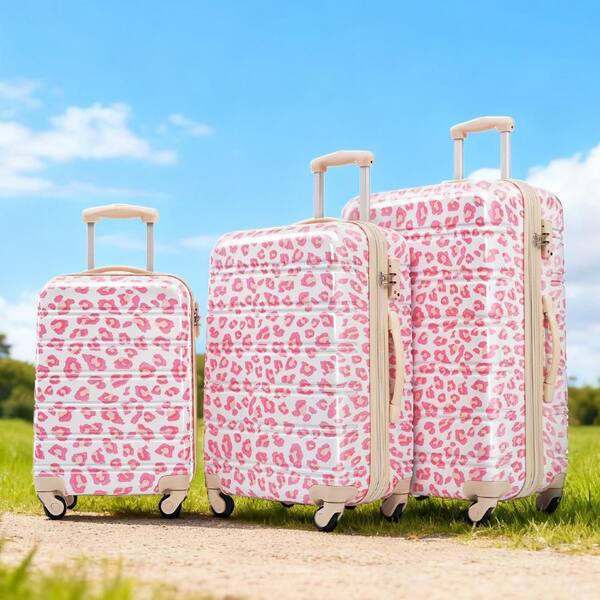 LEONARDサーモン ピンク ・ジレ　４２ LIVACA 3-Piece Pink Leopard Polycarbonate Hardshell Spinner TSA