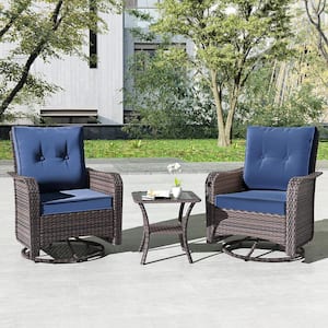 3-Piece Wicker Swivel Outdoor Rocking Chair with Cushion Navy Blue