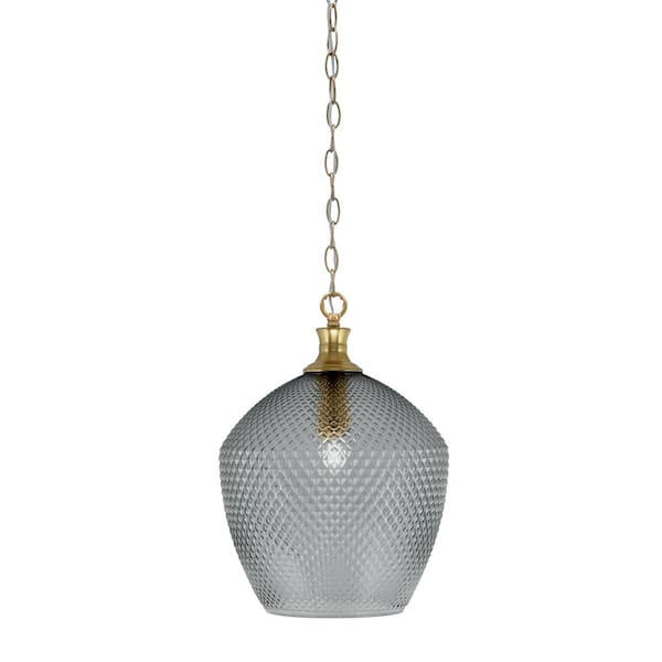 Unbranded Tyler 60-Watt 1-Light New Age Brass Chain Mini Pendant Light with Smoke Textured Glass Shade