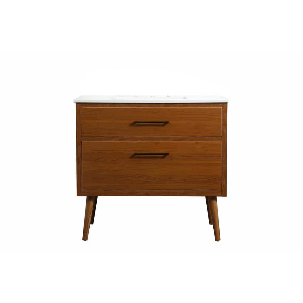 36 in. W x 22 in. D x 33.5 in. H Bath Vanity in Teak with Ivory White Engineered Stone Top