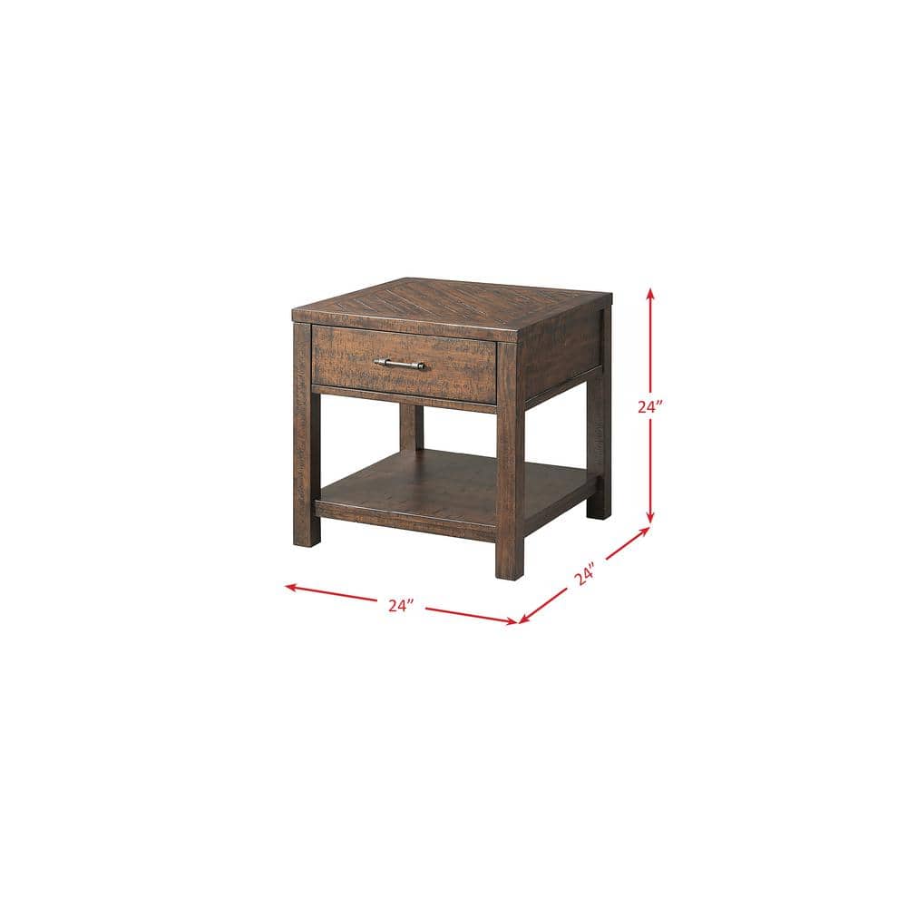 Rustic Walnut Brown Square End Table with Storage Drawer