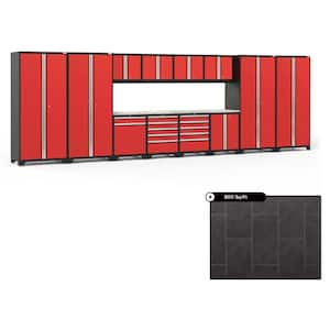 Pro Series 256 in. W x 84.75 in. H x 24 in. D Steel Cabinet Set in Red ( 14- Piece ) with 800 sqft Flooring Bundle