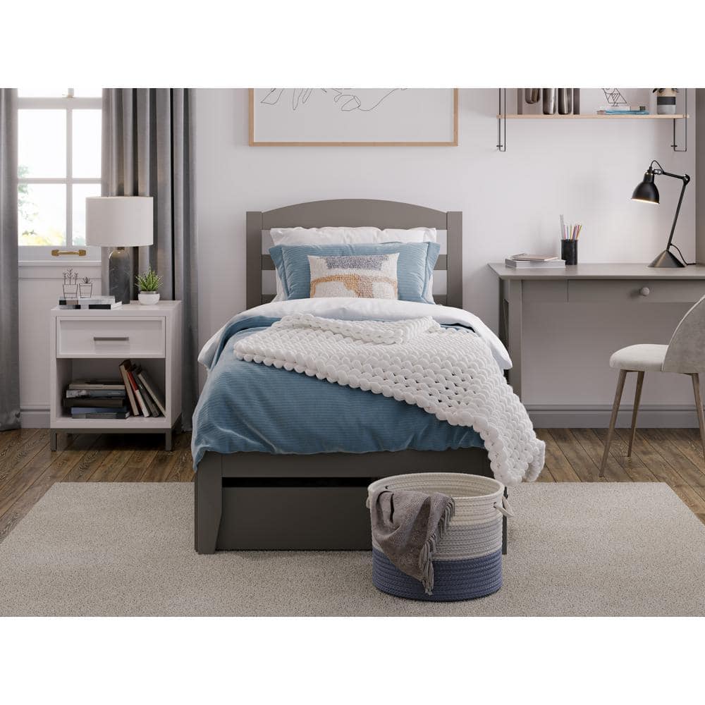 Gray Twin Platform Bed with Storage Drawers and Headboard