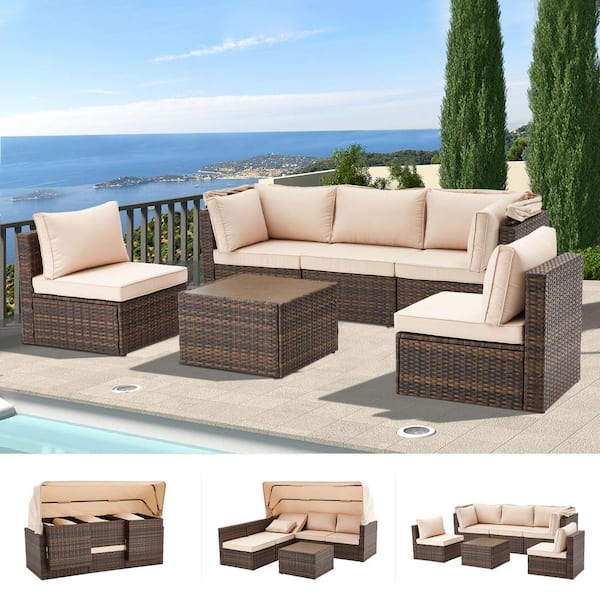 Unbranded 6-Pieces Wicker Patio Conversation Set with Beige Cushion Patio Furniture for Summer Outside