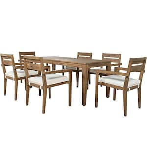 7-Piece Burly Wood Acacia Wood Outdoor Dining Set with Beige Cushions, Dining Table and Chairs for Balcony, Backyard