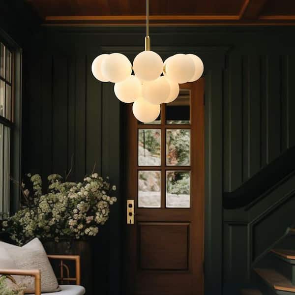13-Light Brass Mid Century Modern Bubble Globe Chandelier Cluster Pendant Lighting Fixture with Milk White Glass Shade
