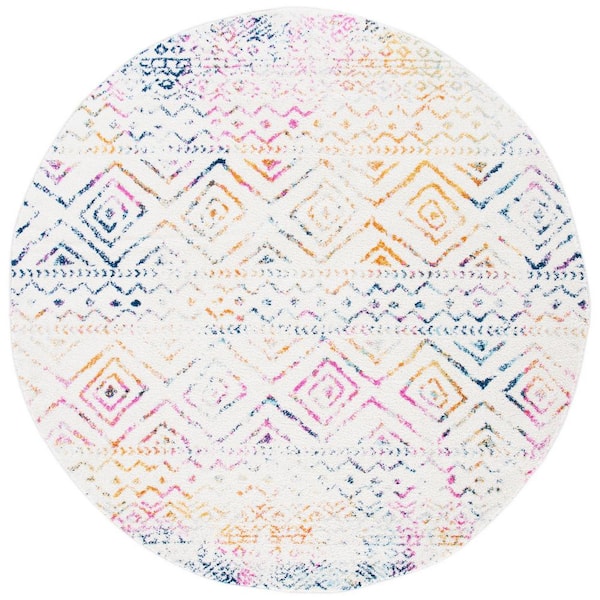 Tulum 3 ft. x 3 ft. Round Ivory/Fuchsia Striped Geometric Diamonds Area Rug